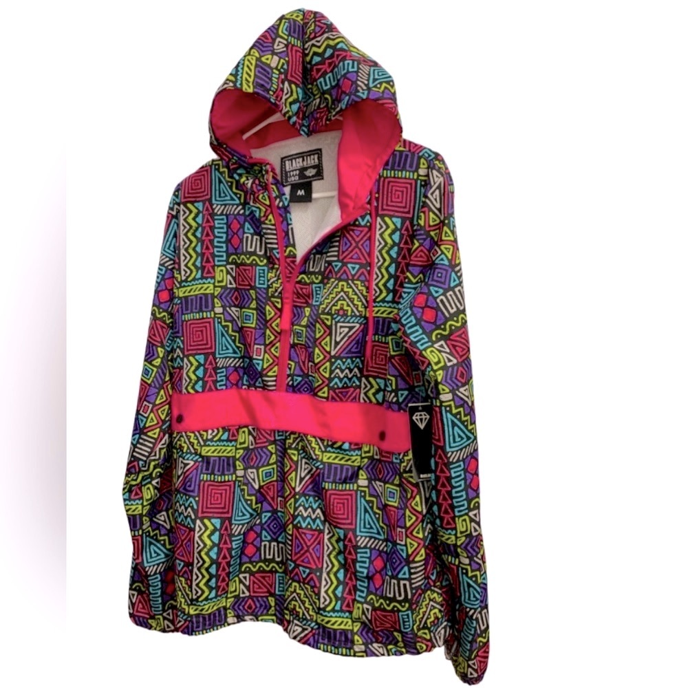 Colorful Windbreaker Jacket Half Zip Black Jack 1999 USA popover hood Retro 90s